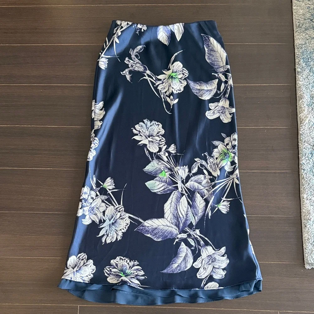 ZARA Floral Navy Silk Blue Skirt
